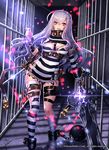  ball_and_chain_restraint bandages belt blush breasts chain cleavage company_name cuffs gyakushuu_no_fantasica katagiri_hachigou large_breasts long_hair official_art open_mouth prison prison_clothes purple_eyes purple_hair shackles solo sparkle sword teeth weapon 