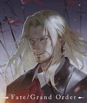  beard blue_eyes closed_mouth command_spell copyright_name earrings face facial_hair facial_mark fate/apocrypha fate/grand_order fate_(series) floating_hair forehead_mark formal itoucon jewelry light_particles male_focus polearm portrait solo spear vlad_iii_(fate/apocrypha) weapon white_hair 
