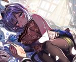  1girl bad_id bad_pixiv_id black_gloves black_legwear blue_flower blue_rose blush command_spell curtains dark_skin fate/prototype fate/prototype:_fragments_of_blue_and_silver fate_(series) flower gloves hassan_of_serenity_(fate) heart holding_hands indoors looking_at_viewer lying mask mask_removed moze on_bed on_side out_of_frame pantyhose pillow pov pov_hands purple_eyes purple_hair rose short_hair shorts skull_mask smile solo_focus sparkle window 