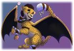 ambiguous_gender black_lips black_nose cheetah feline feral fur hybrid kitchiki mammal membranous_wings paws simple_background smile solo spots spotted_fur wings yellow_fur 