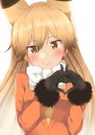  :&gt; absurdres animal_ears backlighting bangs black_gloves black_hair blazer blonde_hair blush brown_eyes brown_hair closed_mouth commentary_request extra_ears eyebrows_visible_through_hair ezo_red_fox_(kemono_friends) fox_ears fox_shadow_puppet gloves go-1 gradient_hair hair_between_eyes heart heart_hands highres interlocked_fingers jacket kemono_friends light_brown_hair long_hair long_sleeves looking_at_viewer multicolored_hair necktie own_hands_together simple_background smile solo upper_body white_background 
