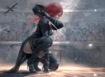  belt_boots black_dress black_footwear black_gloves black_legwear boots colosseum convenient_leg copyright_name dress from_side full_body ghostblade gloves high_heel_boots high_heels one_knee realistic red_eyes red_hair sword thigh_boots thighhighs weapon wlop 