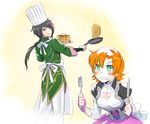  1girl apron black_hair blue_eyes chef_hat commentary_request drooling flipping_food food fork frying_pan hat iesupa knife lie_ren nora_valkyrie orange_hair pancake rwby smile toque_blanche 