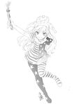  american_flag_legwear closed_eyes clownpiece dress fire full_body greyscale hat jester_cap long_hair looking_at_viewer microdress monochrome neck_ruff no_wings pantyhose polka_dot short_sleeves sketch smile solo star star_print striped torch touhou tousen 