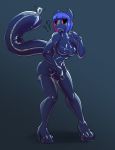  2019 ? anthro black_sclera blue_hair clothing domestic_cat felid feline felis female footwear hair helixjack high_heels implied_transformation mammal red_eyes rubber shoes simple_background solo standing surprise zipper 