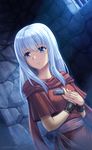  ancient_ys_vanished bangs blue_eyes bracer breasts closed_mouth commentary_request dutch_angle long_hair looking_away miyai_sen moonlight night reah_(ys) sash short_sleeves sidelocks silver_hair small_breasts smile solo tunic upper_body ys ys_origin 