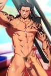  abs bara body_hair erection facial_hair final_fantasy final_fantasy_xv gladiolus_amicitia handjob lvlv male_focus muscle nipples nude pecs penis penis_grab scar solo_focus sweat tattoo testicles uncensored weapon 