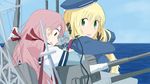  akashi_(kantai_collection) atago_(kantai_collection) blonde_hair blue_hat cannon green_eyes hair_ribbon hat highres imai_tetsuya kantai_collection long_hair looking_at_another looking_down machinery multiple_girls open_mouth pink_hair red_ribbon repairing ribbon smile smoke turret 