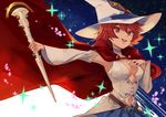  belt blue_skirt breasts cape choker cleavage detached_sleeves hand_on_own_chest hat highres large_breasts little_witch_academia looking_at_viewer navel night open_mouth pleated_skirt red_cape red_eyes red_hair shiny_chariot shiny_rod short_hair skirt sky smile solo sparkle star_(sky) starry_sky thighhighs tk_(tksnim) wide_sleeves witch witch_hat 