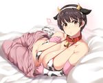  animal_ears animal_print arm_warmers bad_anatomy bare_shoulders bed_sheet bell bell_collar bikini_top black_hair blush breasts brown_eyes cleavage collar collarbone cow_ears cow_print cow_tail elbow_gloves fake_animal_ears gloves heart highres huge_breasts idolmaster idolmaster_cinderella_girls jumpsuit jumpsuit_pull looking_at_viewer lying moisture_(chichi) oikawa_shizuku parted_lips pink_gloves short_hair solo spoken_heart tail 