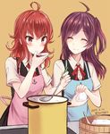  ^_^ ahoge anchor_symbol apron arashi_(kantai_collection) black_vest blouse blush brown_eyes closed_eyes commentary_request dated food hagikaze_(kantai_collection) holding holding_food kabocha_torute kantai_collection ladle long_hair multiple_girls neck_ribbon ohitsu onigiri purple_hair red_hair red_ribbon ribbon rice rice_spoon short_sleeves signature smile sweat twitter_username vest white_blouse 