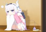  anafuchi ass blue_eyes capelet commentary_request dragon_girl dragon_horns dragon_tail electric_socket hair_bobbles hair_ornament hairband horns kanna_kamui kobayashi-san_chi_no_maidragon lavender_hair long_hair looking_at_viewer low_twintails power_strip sleepy slit_pupils solo tail thighhighs twintails white_legwear wooden_floor 