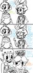  2015 animatronic anthro avian bear bib bird bow_tie buckteeth chicken comic dialogue english_text female five_nights_at_freddy&#039;s five_nights_at_freddy&#039;s_2 group hands_on_shoulders hat inkyfrog lagomorph machine male mammal open_mouth open_smile rabbit restricted_palette robot simple_background smile teeth text top_hat toy_bonnie_(fnaf) toy_chica_(fnaf) toy_freddy_(fnaf) video_games white_background 