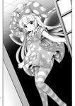  absurdres american_flag_dress american_flag_legwear clownpiece dress fairy_wings greyscale hat highres jester_cap long_hair monochrome neck_ruff pantyhose polka_dot short_dress short_sleeves sliding_doors solo star striped tomoki_tomonori touhou very_long_hair wings 