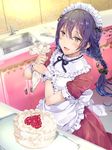  :d alternate_hairstyle apron bangs black_ribbon blue_hair bow braid cake center_frills commentary_request dress food frilled_apron frilled_cuffs frilled_shirt_collar frills hair_bow heart highres hinausa kitchen light_blush long_hair looking_at_viewer love_live! love_live!_school_idol_project maid_headdress open_mouth pastry_bag ribbon short_sleeves single_braid sink smile solo sonoda_umi tray wrist_cuffs yellow_eyes 