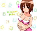  1girl 30-06 blush breasts brown_eyes brown_hair cleavage girls_und_panzer looking_at_viewer navel nishizumi_miho pregnant smile solo 