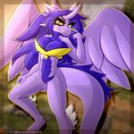  2017 amber_eyes anthro armor big_breasts blue_hair blurred_background bra breast_grab breast_squeeze breasts clothing dragon female fluffy hair hand_on_breast hi_res horn long_fingernails long_hair long_lashes looking_at_viewer pointing pose scalie smile smirk spread_wings standing teeth underwear vrabo wings yellow_fingernails 