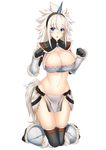  arm_warmers bandeau bangs black_gloves black_legwear blue_eyes blush breasts chestnut_mouth cleavage detached_sleeves eyebrows_visible_through_hair full_body fur_trim gloves groin hairband horn kirin_(armor) kneeling knees_together_feet_apart large_breasts loincloth looking_at_viewer megatama midriff monster_hunter navel open_mouth over-kneehighs paw_pose solo spiked_hair stomach tail thighhighs toned white_hair 