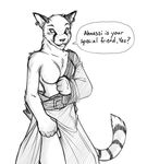  black_and_white blush breasts clothing dialog ear_piercing english_text feline female greyscale khajiit looking_at_viewer mammal monochrome morrowind naturally_censored piercing plain_background ringed_tail smirk solo text the_elder_scrolls tom_fischbach undressing video_games white_background 