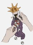  aldrich_devourer_of_gods black_robe chibi closed_mouth dark_souls_(series) dark_souls_i dark_souls_iii dark_sun_gwyndolin highres long_hair robe simple_background skull smile solo_focus spiked_helmet stuffed_toy white_background zipper zunkome 