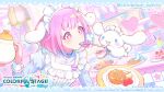 1girl animal_ears blue_eyes blush blush_stickers cinnamon_roll cinnamoroll cinnamoroll_(cosplay) colorful colorful_palette commentary_request cosplay creature crossover crypton_future_media dog_ears flying food frilled_shirt frills fuwa_fuwa_cinnamoroll holding holding_spoon holding_teapot indoors kitchen logo long_sleeves maid_headdress name_connection object_namesake official_alternate_costume official_art ootori_emu pastel_colors pastry piapro pink_eyes pink_hair project_sekai sanrio second-party_source sega shirt short_hair solid_oval_eyes spoon star-shaped_pupils star_(symbol) sweets symbol-shaped_pupils teapot white_dog white_shirt yume_kawaii 