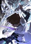  1boy arm_up black_shirt blue-eyes_ultimate_dragon blue_eyes brown_hair card closed_mouth coat duel_monster e_volution highres holding holding_card kaiba_seto long_sleeves male_focus obelisk_the_tormentor outstretched_arm popped_collar shirt short_hair sleeveless sleeveless_coat solo white_coat yu-gi-oh! yu-gi-oh!_duel_monsters 