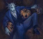 absurd_res anthro bottomwear claws clothing confusion cool_colors digital_media_(artwork) digital_painting_(artwork) food footwear fruit full-length_portrait gills grey_body halloween hi_res holidays horn lies lizard lizard_tail looking_at_another male multi_horn necktie ominous_background pants plant portrait provinsske pumpkin red_eyes reptile scalie shadow shirt shoes signature solo space_station_13 suit teeth topwear unathi vampire vampire_costume zink_shan