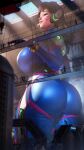  1girl 3d alternate_breast_size ass blue_bodysuit bodysuit breasts brown_eyes brown_hair cowboy_shot d.va_(overwatch) english_commentary facepaint facial_mark giant giantess gloves headphones highres huge_breasts indoors lips long_hair nose overwatch pilot_suit pink_lips ribbed_bodysuit scrag_boy shoulder_pads skin_tight whisker_markings white_gloves 