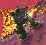  armored_trooper battle explosion fire firing gun highres mecha mecha_focus no_humans rifle robot science_fiction scopedog skating smoke soukou_kihei_votoms weapon yashima_(ds-drive) 