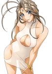  aa_megami-sama areolae belldandy blue_eyes bracelet breasts brown_hair cleavage cleavage_cutout dress earrings facial_mark forehead_mark highres jewelry joy_division large_breasts long_hair ring see-through simple_background solo 