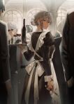  1girl 6+boys absurdres alcohol apron assassin black_dress black_jacket blood blood_on_clothes blood_on_hands blood_on_weapon bottle cup dress drinking_glass from_behind grey_hair hair_between_eyes hair_bun highres jacket knife long_sleeves looking_back maid multiple_boys necktie original shiro_(siro_kuten) suit sunglasses tray weapon white_apron white_hair wine wine_bottle wine_glass 