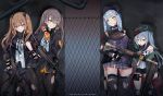  404_(girls_frontline) 4girls absurdres aqua_hair armband assault_rifle bangs beret black_bow black_gloves black_hat black_jacket black_legwear black_ribbon black_shorts blunt_bangs bow brown_hair closed_mouth coat commentary_request crossed_bangs eyebrows_visible_through_hair facial_mark fingerless_gloves g11 g11_(girls_frontline) girls_frontline gloves green_eyes green_hat green_jacket grey_eyes grey_hair gun h&amp;k_ump h&amp;k_ump45 h&amp;k_ump9 hair_between_eyes hair_ornament hairclip hand_up hat heckler_&amp;_koch highres hk416 hk416_(girls_frontline) holding holding_gun holding_weapon holster hood hood_down hooded_jacket jacket knee_pads light_brown_eyes long_hair long_sleeves looking_at_another looking_at_viewer messy_hair multiple_girls navel one_side_up open_clothes open_coat open_jacket pantyhose plaid plaid_skirt red_eyes ribbon rifle scar scar_across_eye scarf_on_head shirt shorts shoulder_cutout silver_hair skirt smile strap submachine_gun teardrop thigh_strap thighhighs torn_clothes trigger_discipline ump45_(girls_frontline) ump9_(girls_frontline) urim_(paintur) weapon white_shirt zettai_ryouiki 