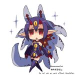  1girl :o artist_name bare_shoulders blush_stickers boots chibi chibi_only choker commentary_request desco_(disgaea) detached_sleeves disgaea dress extra_ears full_body gloves hair_between_eyes horns jingle_bell_earrings jitome looking_at_viewer makai_senki_disgaea_4 mamemamesima monster_girl open_mouth pointy_ears purple_choker purple_dress purple_footwear purple_hair purple_sleeves red_eyes red_gloves red_horns ringed_eyes short_hair simple_background sleeveless sleeveless_dress slit_pupils solo standing tail tentacles thigh_boots twitter_username v-shaped_eyebrows white_background yellow_eyes zettai_ryouiki 
