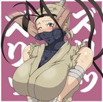  2boys antenna_hair bandana black_eyes black_hair blue_eyes blush breast_squeeze breasts cleavage dimple_job disembodied_penis face_mask facejob gureko_rouman hetero huge_breasts ibuki_(street_fighter) large_breasts long_hair mask multiple_boys multiple_penises ninja one_eye_closed penis penis_on_face penis_under_clothes ponytail solo_focus street_fighter sweat v_arms wince 