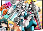  2girls aqua_hair black_hair blonde_hair breasts controller dual_wielding expressionless fusion gradient_hair green_eyes gun gundam gundam_breaker_4 gundam_build_divers gundam_build_divers_re:rise gundam_build_fighters gundam_build_fighters_try gundam_gp-02_physalis gunpla highres holding holding_controller holding_gun holding_toy holding_weapon hoshino_fumina in-franchise_crossover mecha medium_breasts mobile_doll_may model_kit multicolored_hair multiple_girls ponytail raised_inner_eyebrows robot shaded_face shrug_(clothing) sibelurabbi super_fumina sweatdrop toy weapon white_eyes 