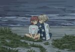  2girls beach blue_eyes blush brown_shorts chuchu_(uglydog_zip) closed_mouth commentary english_commentary floral_print girls_band_cry grass grey_eyes grey_hair hair_up highres iseri_nina kawaragi_momoka looking_at_another multicolored_hair multiple_girls night ocean outdoors print_shirt red_hair roots_(hair) shirt short_sleeves short_twintails shorts sitting twintails two-tone_shirt white_shirt 