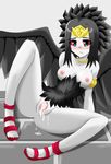  aftersex armband black_hair blush breasts censored corset cum duel_monster emblem fabled_grimro feathers green_eyes high_heels highres jewelry necklace pale_skin shoes sitting tiara wings yu-gi-oh! 