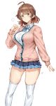 1girl absurdres ahoge blue_overskirt blue_ribbon blue_skirt blush breasts brown_hair cardigan codename47 gakuen_idolmaster gradient_hair hanami_ume hatsuboshi_gakuen_school_uniform highres idolmaster large_breasts long_sleeves looking_at_viewer miniskirt multicolored_hair neck_ribbon orange_hair pink_cardigan pleated_skirt puff_of_air ribbon school_uniform shirt simple_background skindentation skirt smile solo thighhighs white_background white_shirt white_thighhighs 