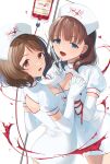  2girls back_cutout blood blue_eyes blush breasts brown_eyes brown_hair cleavage cleavage_cutout clothing_cutout dot_nose dress elbow_gloves gloves hat highres holding holding_hands holding_syringe idolmaster idolmaster_cinderella_girls idolmaster_cinderella_girls_starlight_stage interlocked_fingers intravenous_drip iv_stand looking_at_viewer lvetica medium_breasts miniskirt multiple_girls nagatomi_hasumi nurse nurse_cap open_mouth ribbon_earrings sakuma_mayu short_hair short_sleeves skirt smile sparkle syringe white_background white_dress white_gloves 