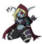  armor arrow big_breasts blue_skin breasts cloak clothed clothing female hand_on_breast high_elf hood humanoid kneeling not_furry red_eyes skull solo sylvanas_windrunner thick_thighs undead unknown_artist video_games warcraft 