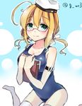  ahoge blonde_hair blush book breasts cleavage glasses hat holding holding_book i-8_(kantai_collection) jiiwara kantai_collection large_breasts sailor_hat school_swimsuit short_hair smile solo swimsuit thighhighs twitter_username 