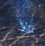  bare_legs barefoot blue_dress blue_hair building cirno city city_lights cityscape commentary_request dress falling from_behind ice ice_wings machin night night_sky outstretched_arms scenery short_sleeves signature sky solo touhou wide_shot wings 