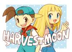  1girl baseball_cap blonde_hair blue_eyes blush brown_eyes brown_hair claire_(harvest_moon) copyright_name gloves harvest_moon harvest_moon:_friends_of_mineral_town hat long_hair open_mouth overalls posca smile white_gloves 