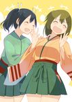  ^_^ ^o^ black_hair brown_hair closed_eyes commentary_request green_hakama green_kimono hair_ribbon hakama hiryuu_(kantai_collection) japanese_clothes kantai_collection kimono masukuza_j multiple_girls one_side_up open_mouth ribbon short_hair smile souryuu_(kantai_collection) twintails white_ribbon yellow_kimono 