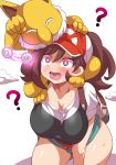  ? alternate_breast_size ayumi_(pokemon) blush breasts brown_hair collarbone highres hypno hypnosis konno_tohiro large_breasts long_hair mind_control open_mouth pokemon pokemon_(creature) pokemon_(game) pokemon_lgpe shirt sweat very_long_hair visor_cap 