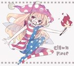  alternate_legwear american_flag american_flag_dress american_flag_legwear blonde_hair clownpiece dress fairy fairy_wings frilled_shirt_collar frills hat jester_cap long_hair nagi_(nagito) neck_ruff pantyhose pink_eyes polka_dot print_legwear short_dress short_sleeves star star_print torch touhou very_long_hair wings 