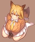  animal_ears breasts ezo_red_fox_(kemono_friends) fox_ears fox_girl fox_tail from_above huge_breasts kemono_friends looking_at_viewer md5_mismatch mogu_(kanikama_mgmg) necktie red_background red_eyes simple_background sitting skirt solo tail wariza 
