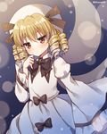  black_bow blonde_hair blush bow brown_eyes drill_hair fairy_wings hat looking_at_viewer luna_child mauve short_hair sleeves_past_wrists solo touhou twitter_username wide_sleeves wings 