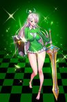  :o anklet ass_visible_through_thighs barefoot blue_eyes breasts breasts_apart checkered checkered_floor dungeon_and_fighter elf foreshortening full_body green_shirt highres holding holding_shield holding_sword holding_weapon jewelry kim_jin_sung knight_(dungeon_and_fighter) large_breasts legs long_hair looking_at_viewer microskirt open_mouth pointy_ears shield shirt silver_hair skirt solo sparkle sword toenail_polish very_long_hair weapon 