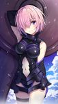  ahoge arm_behind_back arm_behind_head arm_up armor armored_dress armpits bangs black_armor black_gloves blue_sky blush breasts cloud day elbow_gloves fate/grand_order fate_(series) gloves hair_over_one_eye highres holding_shield large_breasts li_yang mash_kyrielight medium_breasts navel pink_hair purple_eyes shield short_hair sky smile solo standing stomach thigh_strap 